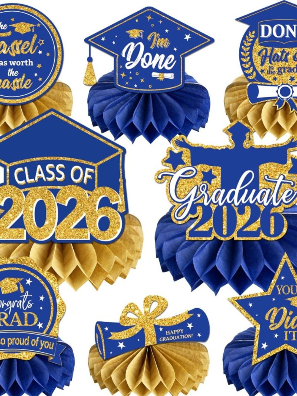 Graduation Decorations Class of 2026 Blue Congrats Grad Honeycomb Centerpieces C - Picture 1 of 6
